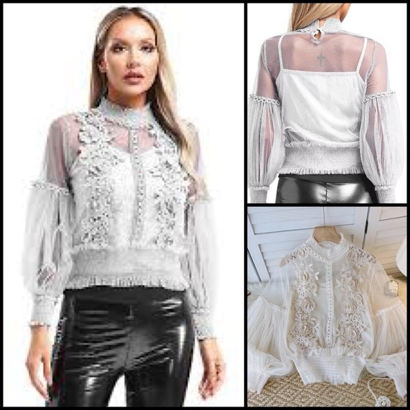 The Way See-through White Mesh Flower Applique Lantern Sleeves Lace Blouse OS - Picture 1 of 13